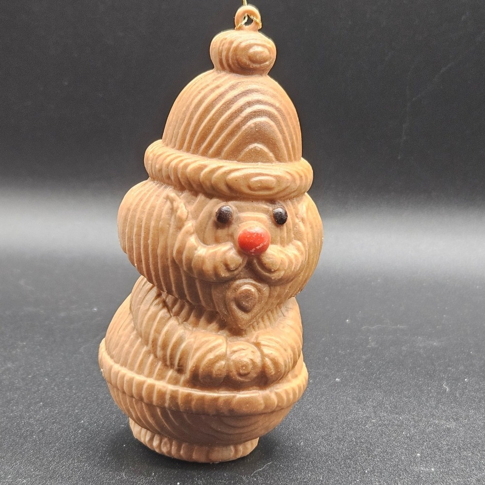 Vintage Faux Wood Grain Santa Claus Plastic Christmas Ornament Mid-Century Retro